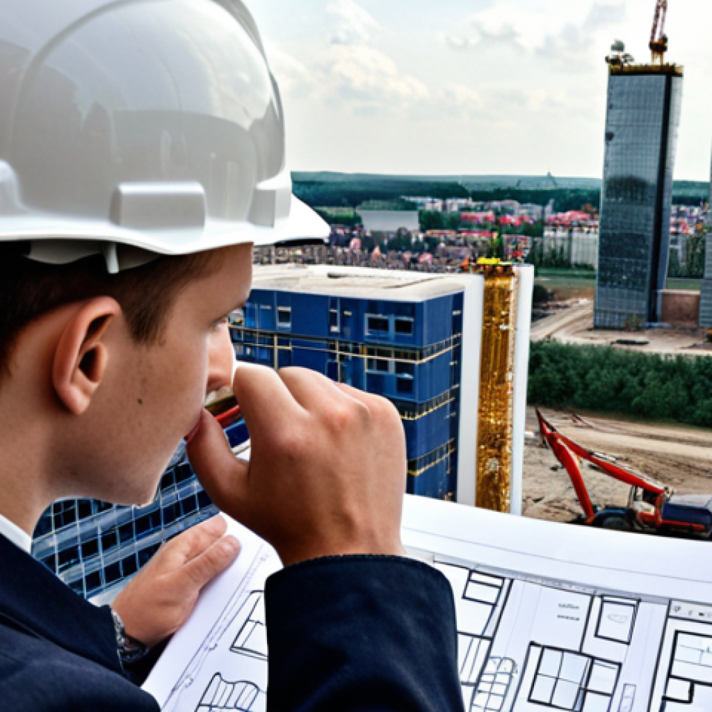 **

A construction site in Poland. Focus on a young engineer actively participating, asking questions, and observing experienced workers. Depict the dynamic between theoretical knowledge and practical application, showcasing blueprints, hard hats, and modern construction technology. The setting should be a typical Polish cityscape in the background.

**