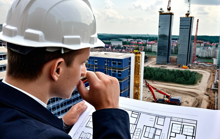 **

A construction site in Poland. Focus on a young engineer actively participating, asking questions, and observing experienced workers. Depict the dynamic between theoretical knowledge and practical application, showcasing blueprints, hard hats, and modern construction technology. The setting should be a typical Polish cityscape in the background.

**