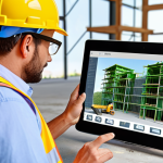 **

Prompt: A vibrant construction site scene with BIM (Building Information Modeling) displayed on a transparent screen overlayed on the site. Workers are collaborating, looking at the BIM model on tablets. Modern, sustainable building design with visible green elements. Focus on technology and teamwork in construction.

**