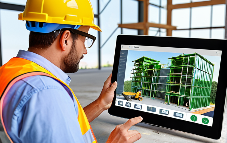 **

Prompt: A vibrant construction site scene with BIM (Building Information Modeling) displayed on a transparent screen overlayed on the site. Workers are collaborating, looking at the BIM model on tablets. Modern, sustainable building design with visible green elements. Focus on technology and teamwork in construction.

**
